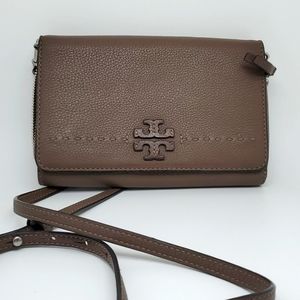TORY BURCH MCGRAW Wallet Crossbody Handbag Bag Pebble Authentic Leather Brown